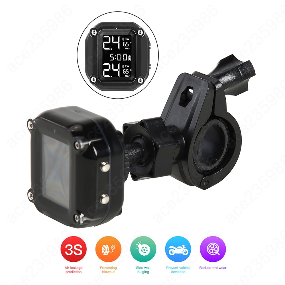 Solar Motorcycle TPMS with Time Display IP65 Waterproof Tire Pressure Tyre Temperature Alarm Monitoring System for Motorcycle