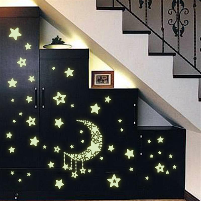 Månestjerne fluorescerende natlig glød i mørk lysende vinyl aftagelig børnehave børn soveværelse væg klistermærker