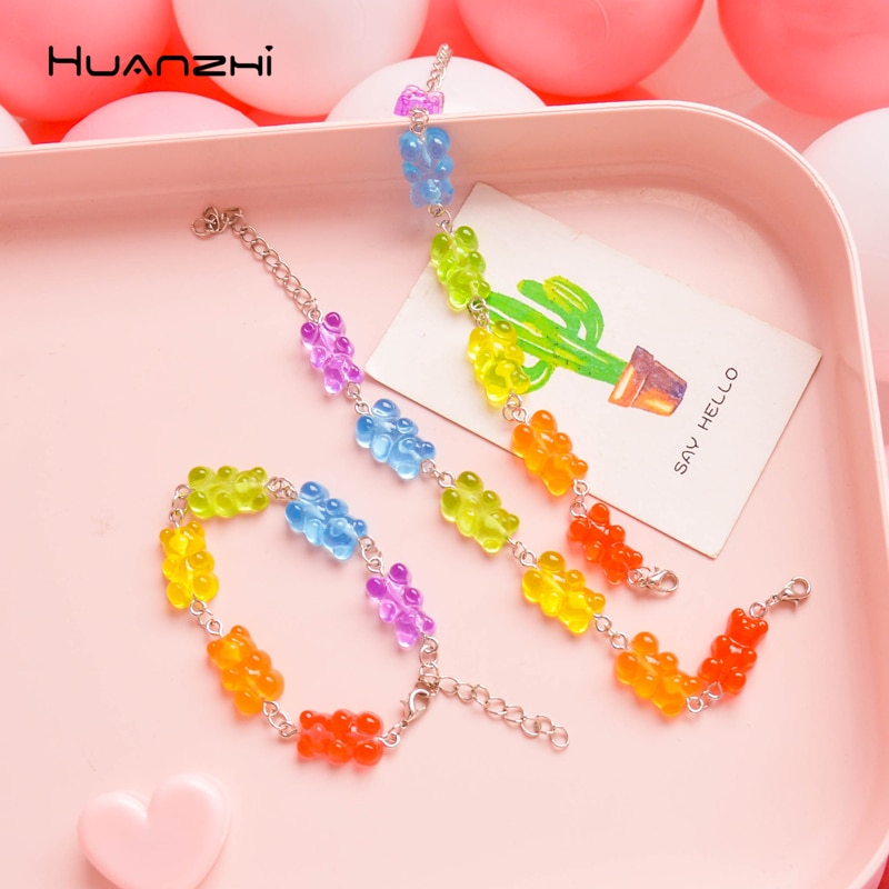 HUANZHI Cute Gummy Bear Colorful Sweet Lovely Bracelet Cool Long Chain Alloy Metal Line Necklace for Women Jewelry Party