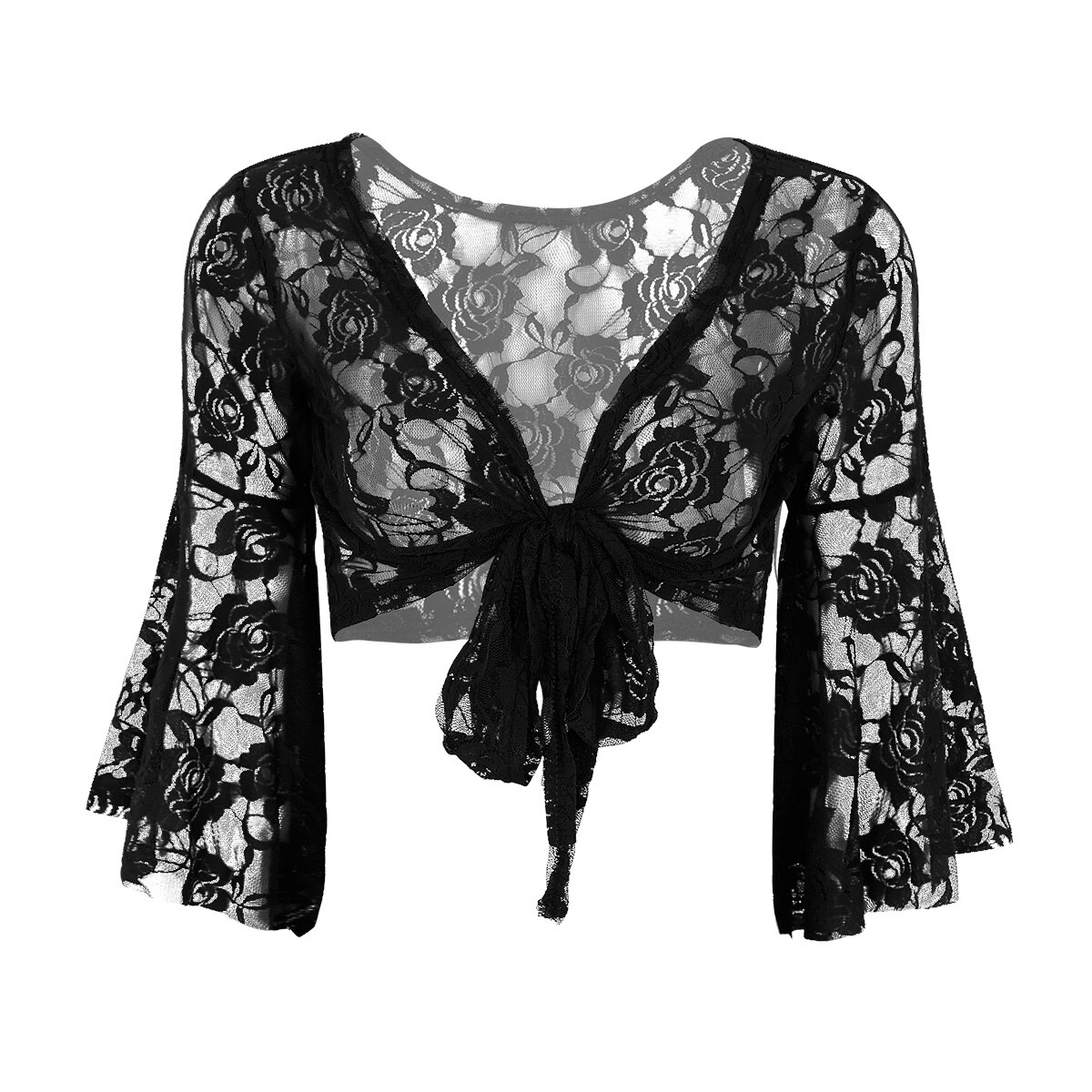 Haut moulant transparent en dentelle pour femmes, Sexy, haut en maille, manches longues évasées, chemise de danse du ventre, réservoirs, cravate avant, Cardigan, enveloppe les épaules, Clubwear: Black