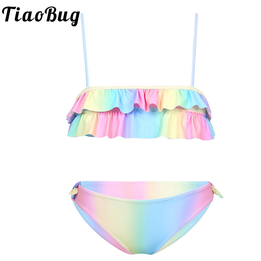 Kids Girl Two Piece Gradient Color Swimwear Spaghetti Strap Ruffle Bikini Set Quick Dry Swimsuit Beachwear Swimming Bathing Suit