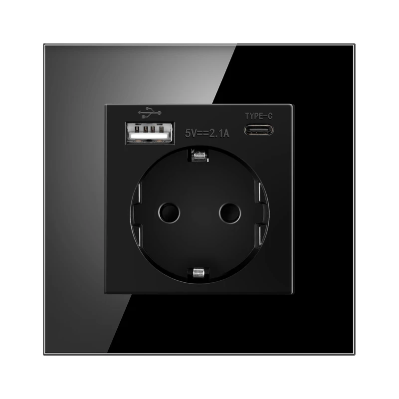 NYWP Russie Espagne prise d'alimentation, prise de courant mise à la terre 16a, avec sortie USB, panneau en verre 86mm * 86mm: Marron
