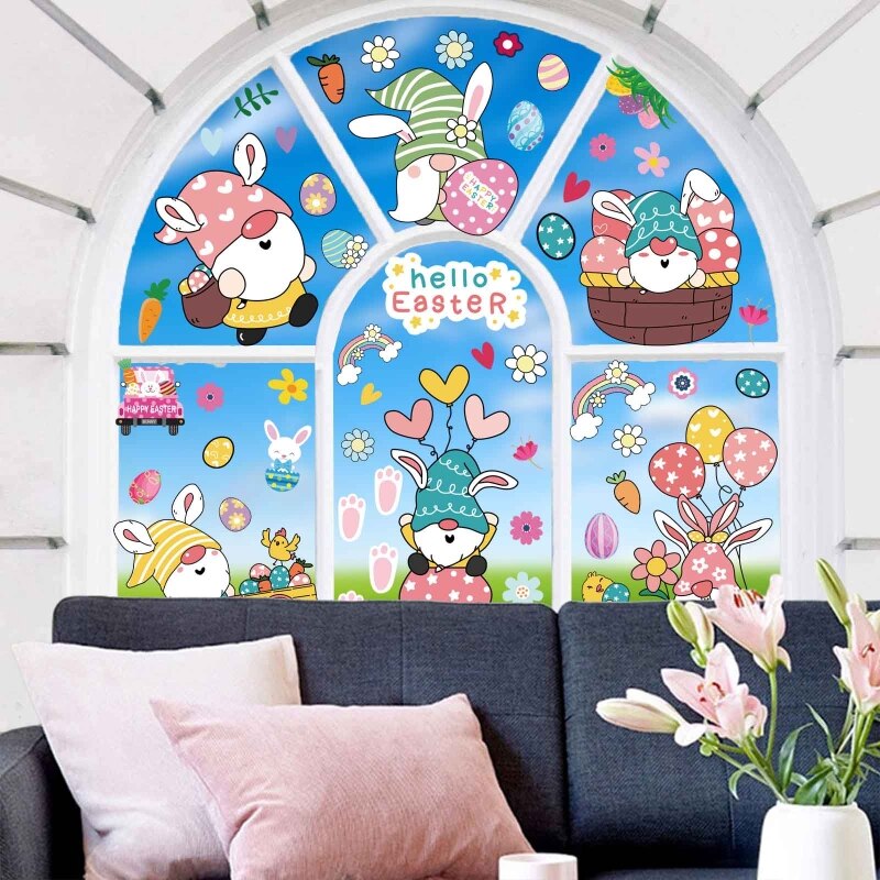 9pcs Easter Window Clings Decorations Gnome Bunny Rabbit Egg Static Wall Sticker Decals Decor for Easter Home Office Party B03E