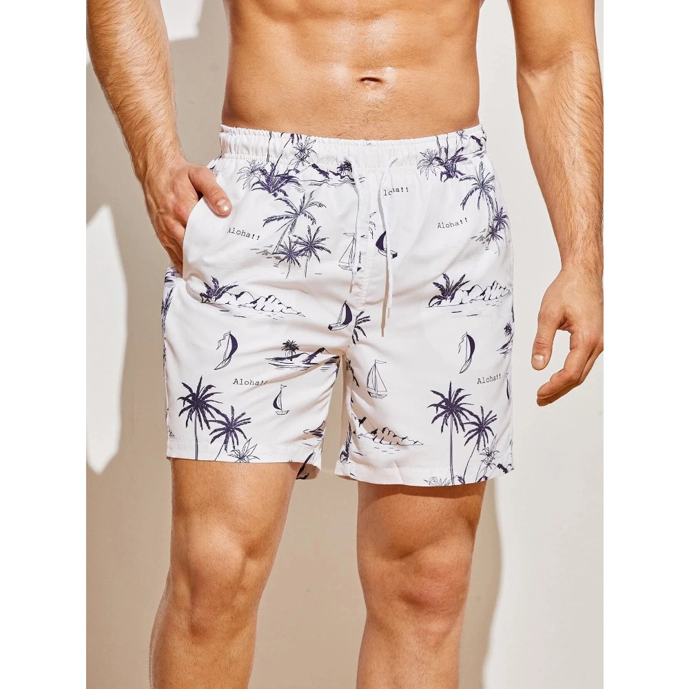 Calções de banho masculinos com estampa de coqueiro 3d, shorts de natação, verão, macio e respirável, poliéster, praia, surf