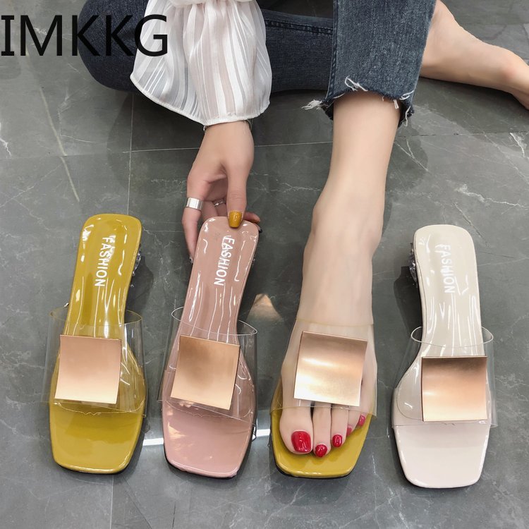 Mules en pvc pour femmes, pantoufles d'été, chaussures pour femmes, boucle en métal, transparentes, talons bas, diapositives de de personnalité