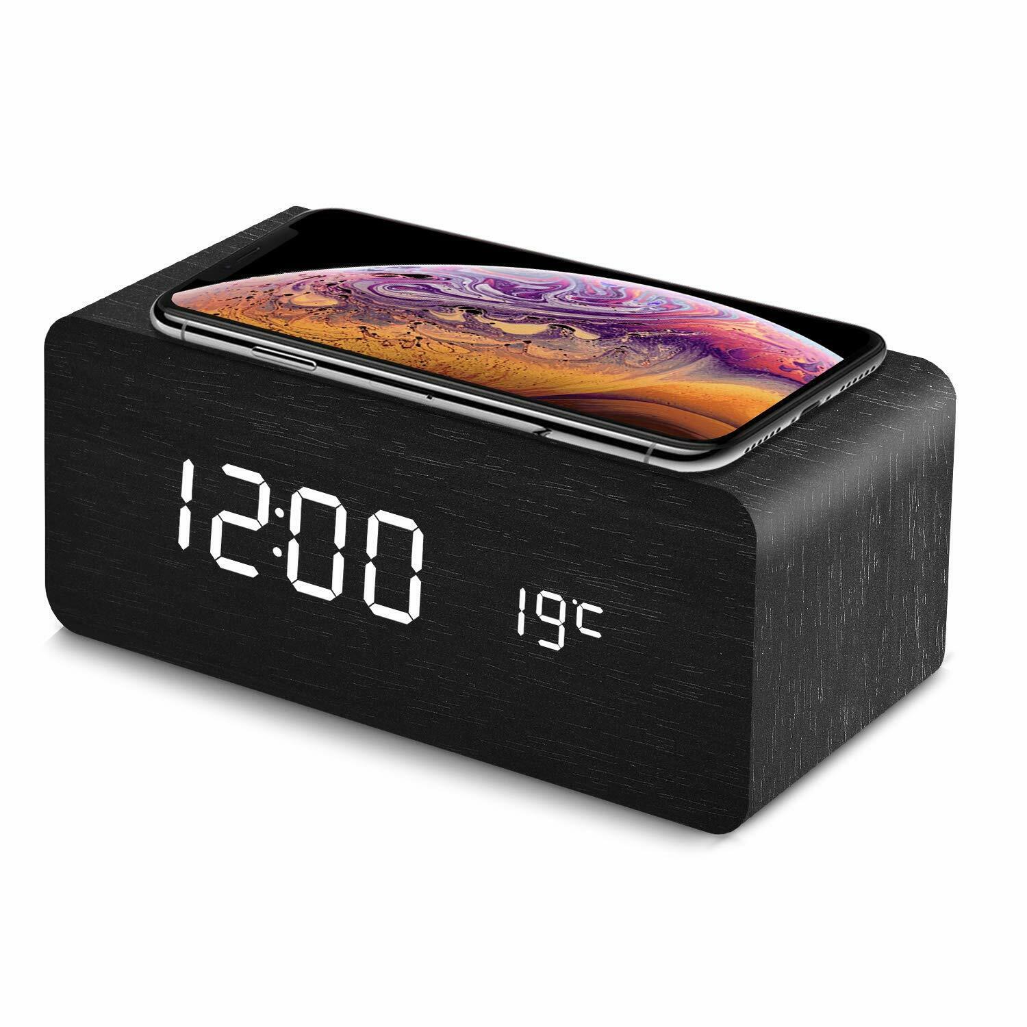 Modern Wooden Wood Digital LED Desk Alarm Clock Thermometer Wireless Charger