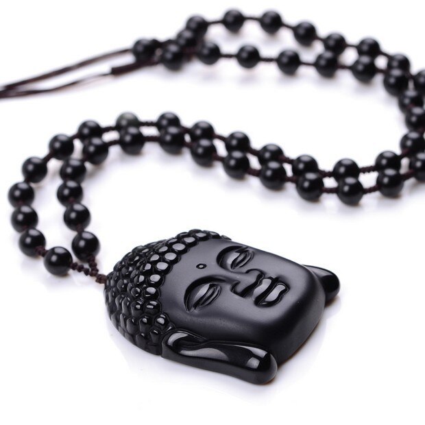 obsidian Vintage Necklace Black Buddha Head Pendant For women&men obsidian jewelry