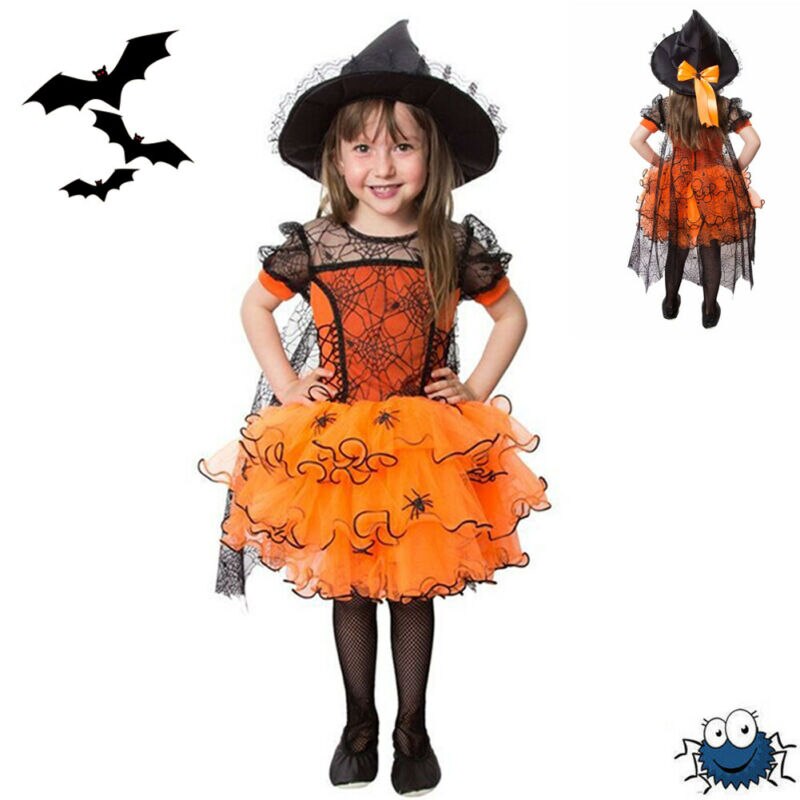 1-5Y Toddler Kids Baby Girl Halloween Dress Spider Cloak Witch Fancy Party Costume