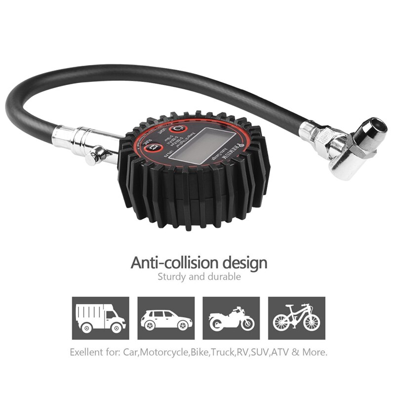 Digital Tire Pressure Gauge 200 PSI With Backlight LCD Display, Industrial Tire Gauge Calibrated To ANSI B40.7 Grade, Tire Gauge With Presta Valve Adaptor For Car, Truck, SUV, Motorcycle