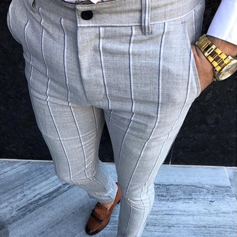 Heren chino's slim fit skinny broek voor heren chino broek geruit grijs met streep casual effen broek: M / Lichtgrijs