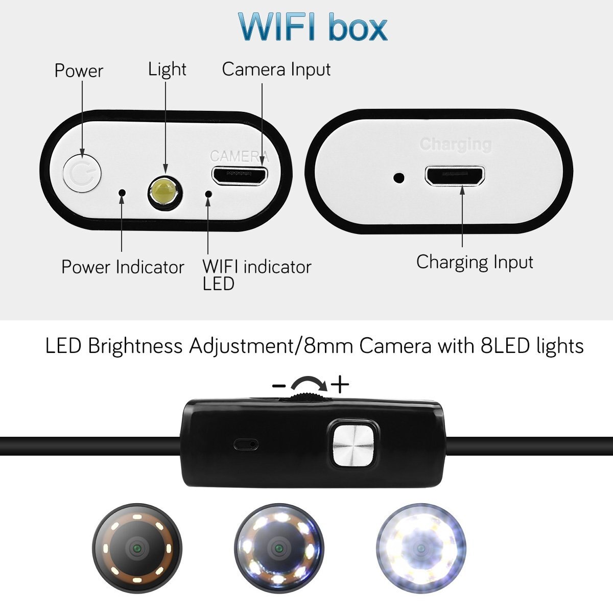 WIFI Endoscope Camera Mini Waterproof Soft Cable Inspection Camera 8mm 1M USB Endoscope Borescope IOS Endoscope for Iphone