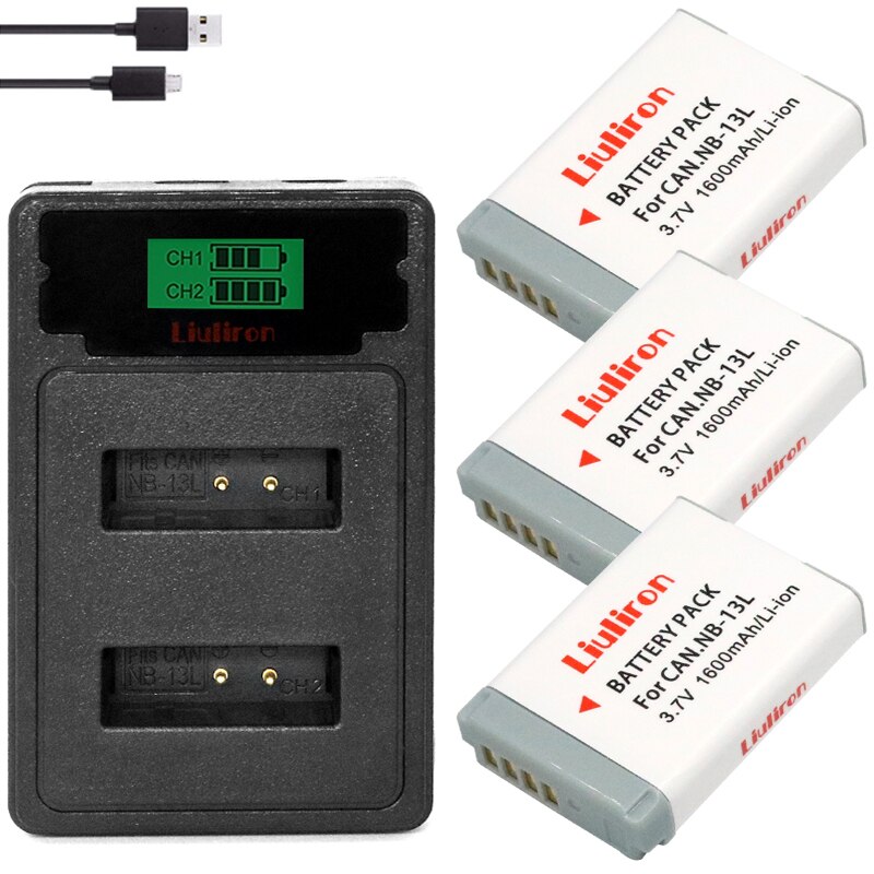 Batterie 1600mAh NB13L NB 13l avec chargeur LCD USB, pour Canon G7 X Mark II G7X G5 X G5X G9 X G9X SX620 SX720 HS: charger and 3battery