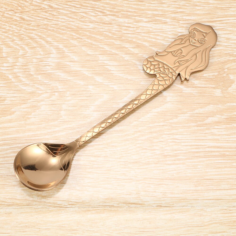 Stainless Steel Mermaid Shape Coffee & Tea Spoon Kitchen Mixing Spoons Ice Cream Dessert Spoon Hanging Cup Dinning Accessories: rose gold