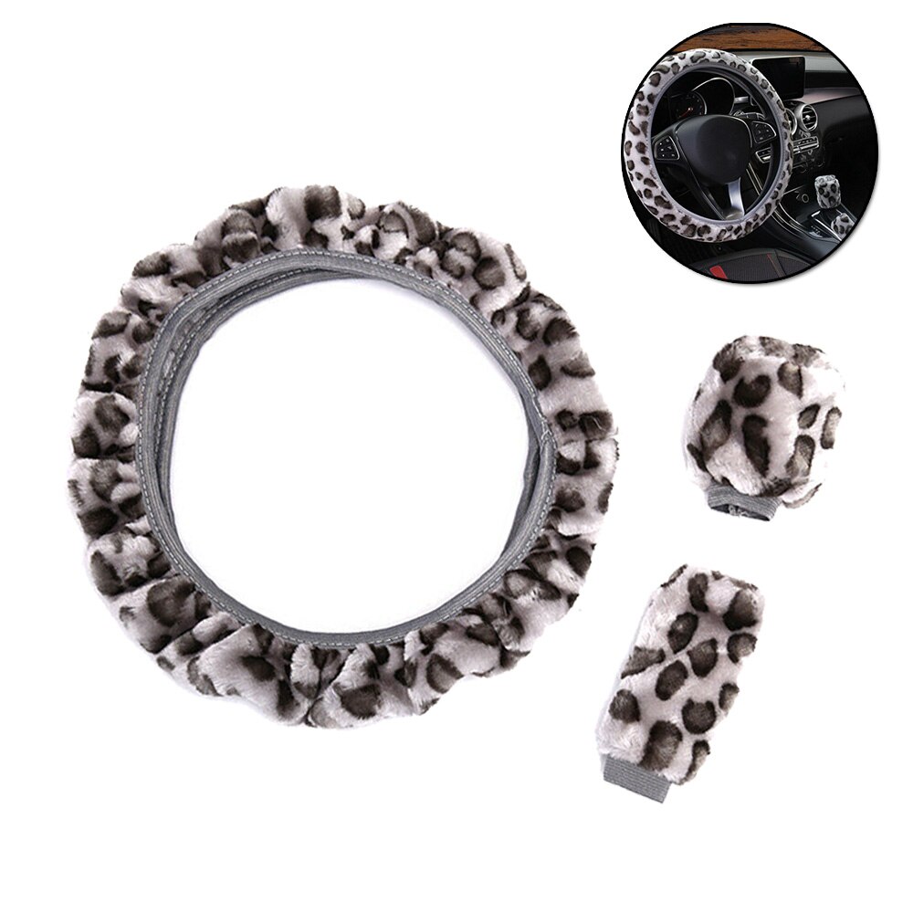 1Set Gray Leopard Fluff Plush Steering Wheel Hand Brake Gear Position Gear Winter Three-piece Fur Cover Car Interior Accessories