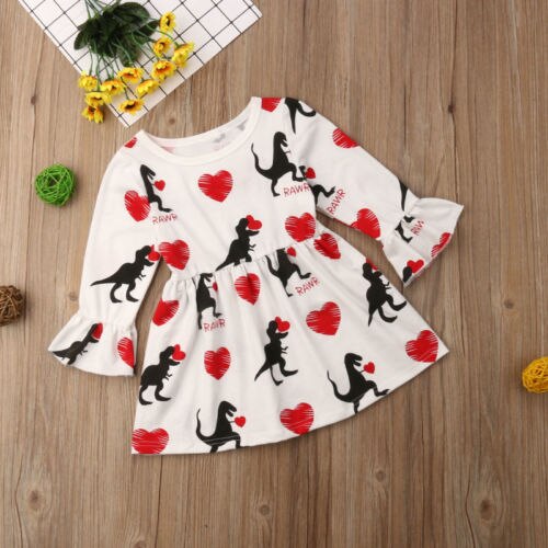 Słodki niemowlę dziewczynka walentynki sukienka serce dinozaur z długim rękawem wakacje dziewczyny sukienki