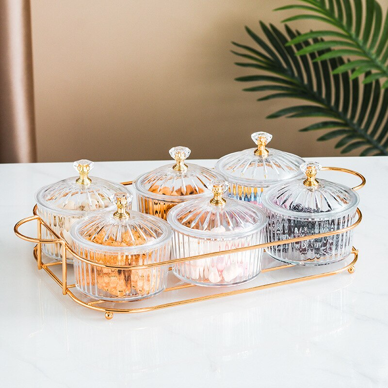 Nordic Dried Fruit Snack Tray Transparent Glass Candy Snack Grid Tray Set With Cover Metal Rack Household Kitchen Accessories: White 6 grids