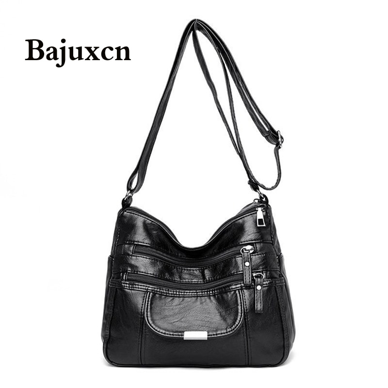 Retro women's bag double zipper shoulder bag soft leather handbag simple messenger bag trend multi-pocket bag