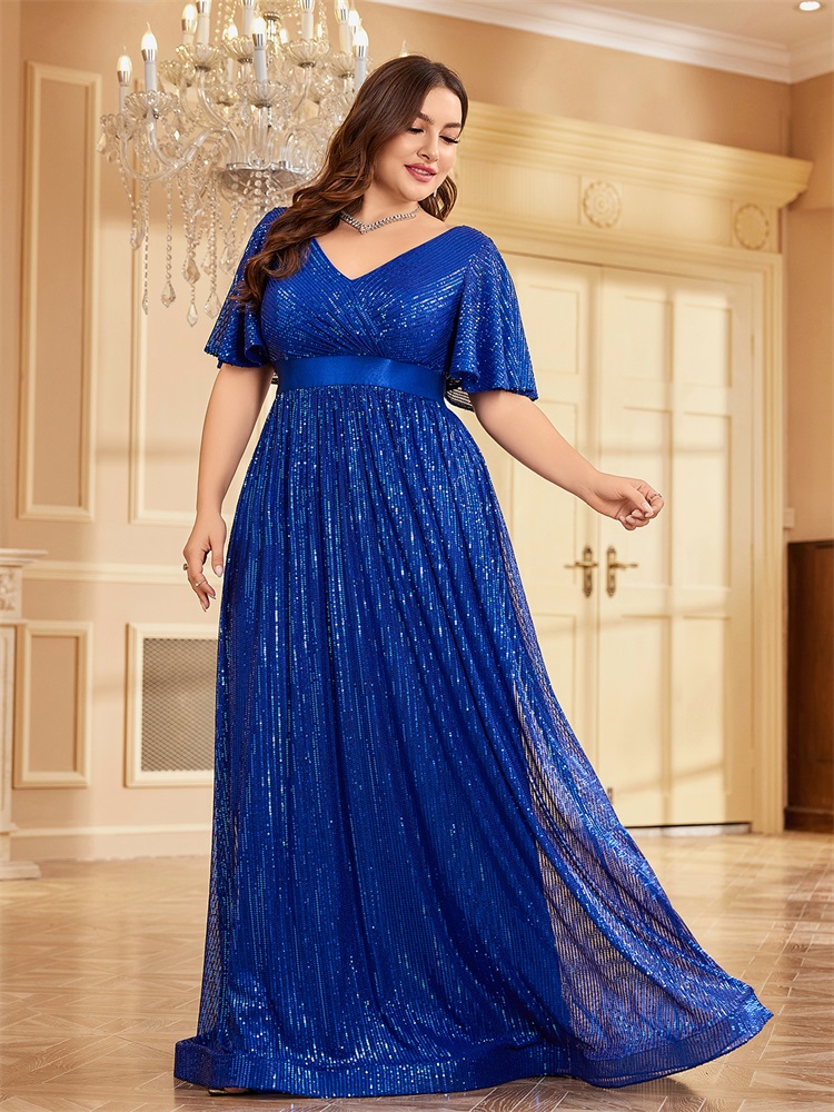 Lucyinlove Plus Size Luxe V-Hals Korte Mouwen Formele Avondjurk Vrouwen Pailletten Huwelijksfeest Prom Maxi Cocktail Jurk Jurk