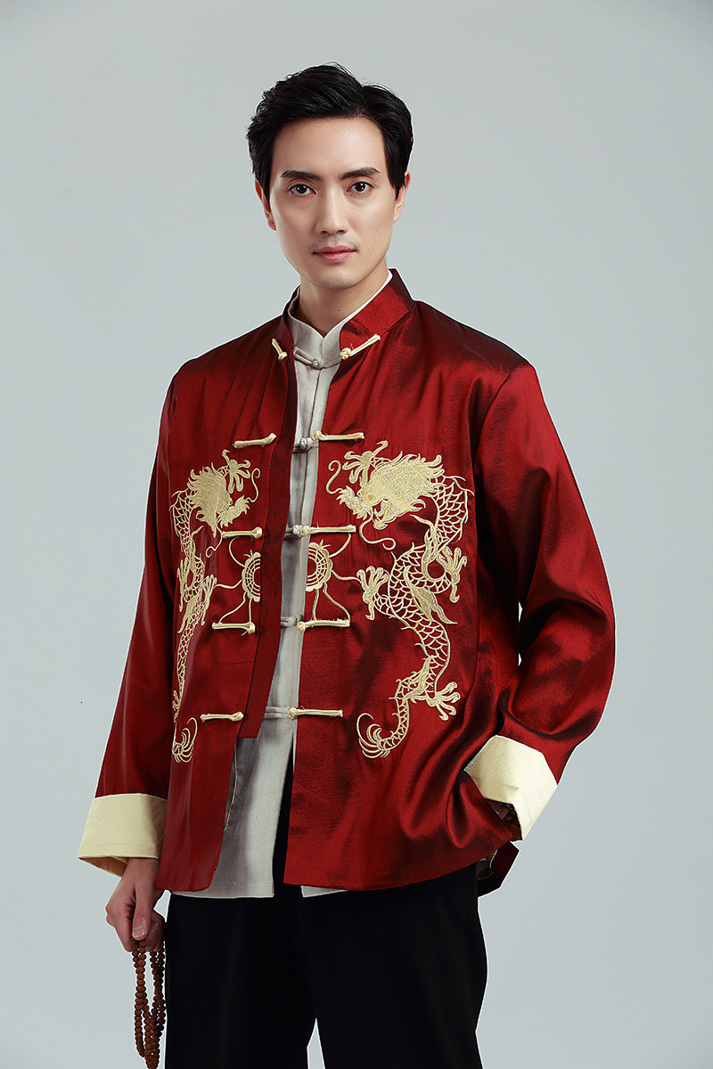 Mannen Traditionele Chinese Draak Borduurwerk Tang Pak Oosterse Tee Tops Shirt Kung Fu Losse Blouse Mannelijke Hanfu Jas Stadiumkostuum: Red / L