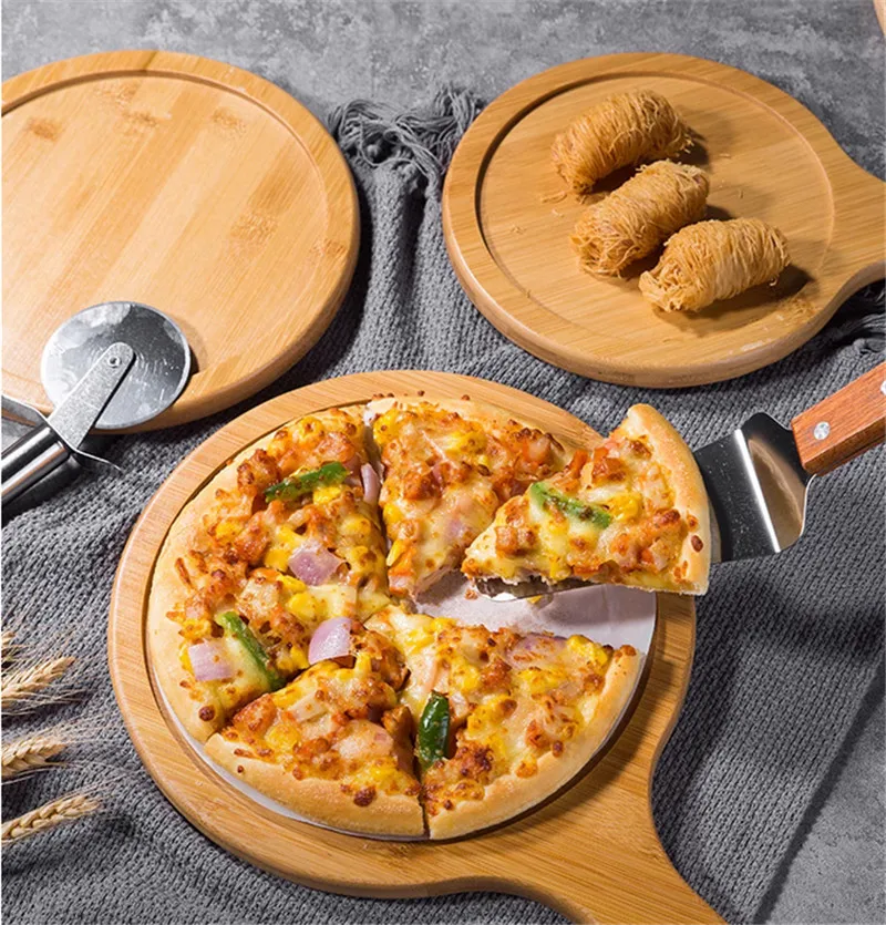 Wooden Pizza board Round with Hand Pan Baking Tray Stone Cutting Board Platter Pizza Bamboo Cake Bakeware Tools rejilla para