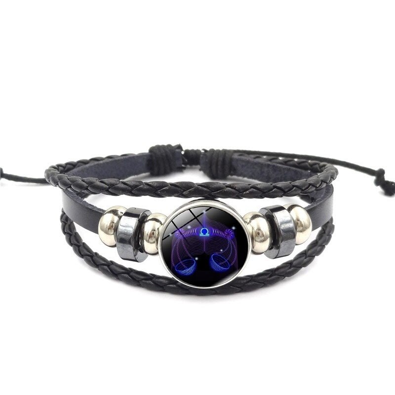 12 Constellation Zodiak Teken Blauw Glas Lederen Armband Ram Waterman Leeuw Maagd Geweven Glas Dome Sieraden Punk Mannen Armband: Libra
