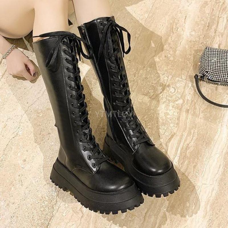 Botas de media caña con plataforma y cordones para Mujer, calzado informal de cuero Pu con cremallera antideslizante, de lujo