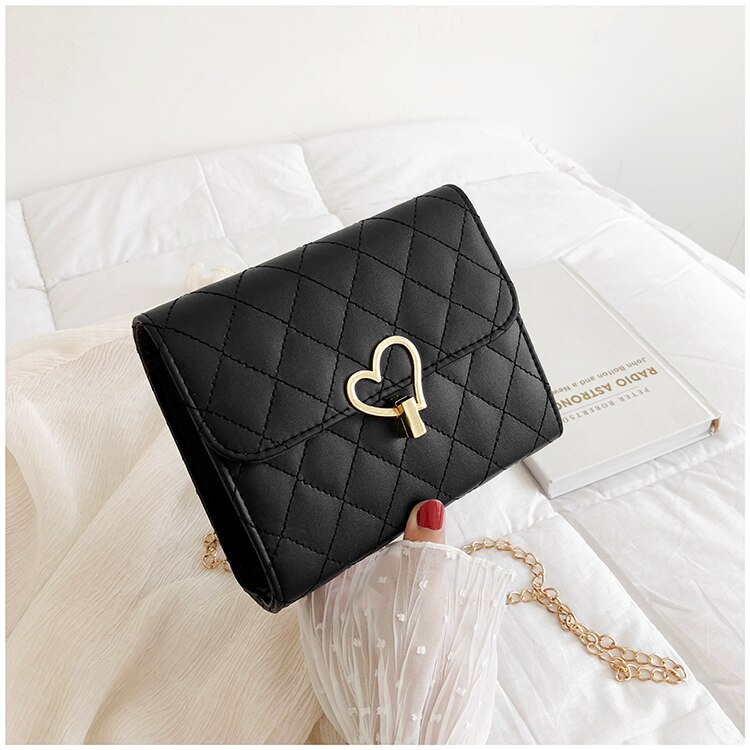 Women Lingge peach heart lock chain square PU Shoulder bag Crossbody Hand Bag Heart Messenger Chain handbag yellow