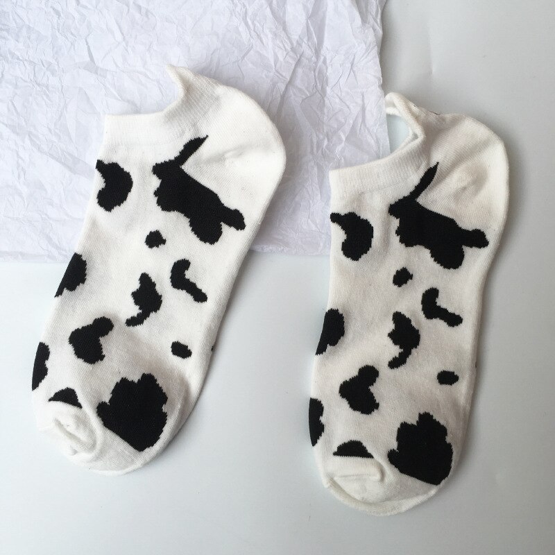 Calcetines con estampado de vaca para mujer, medias informales de algodón con dibujos de animales, negros, blancos y manchas, Kawaii, para verano, 2 pares
