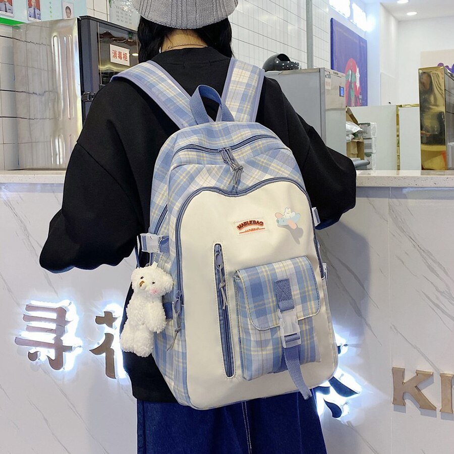 Mochila con patrón a cuadros de gran capacidad para estudiantes, bolso escolar Morado para chicas, mochila de viaje para el Campus