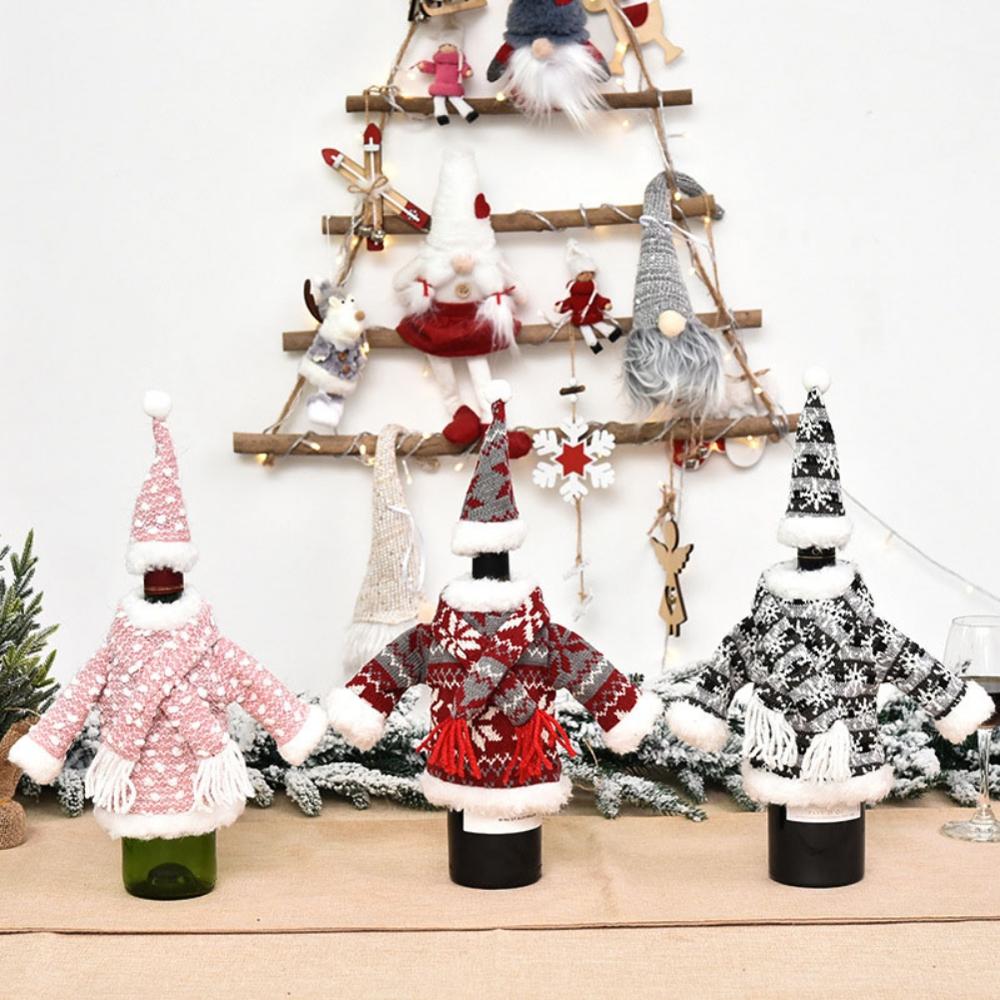 Copos de garrafa de vinho bonito camisola de malha capa de férias conjunto festa de natal festival jantar decorações de mesa