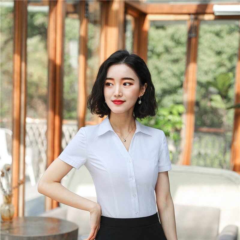 White Summer Short Sleeve Blouses & Shirts For Women Business Work Wear Blouse Female Tops Clothes Uniform Styles