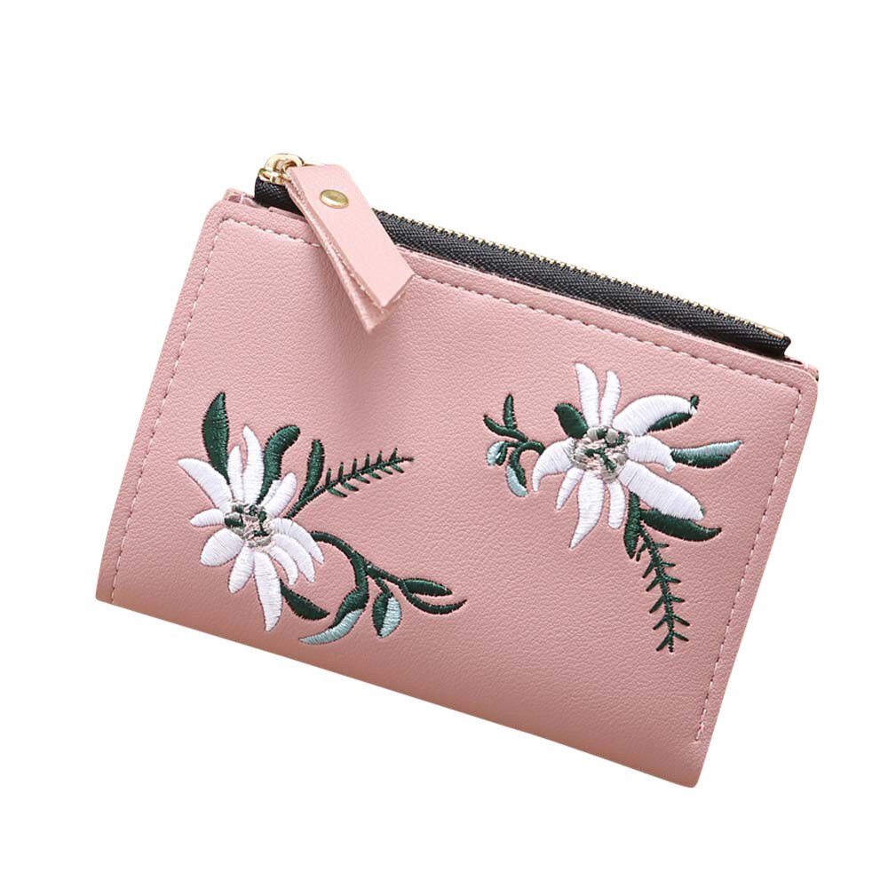 Porte-monnaie brodé en cuir PU pour femmes, porte-cartes à fermeture éclair, court, à loquet Floral, # L10: Rose