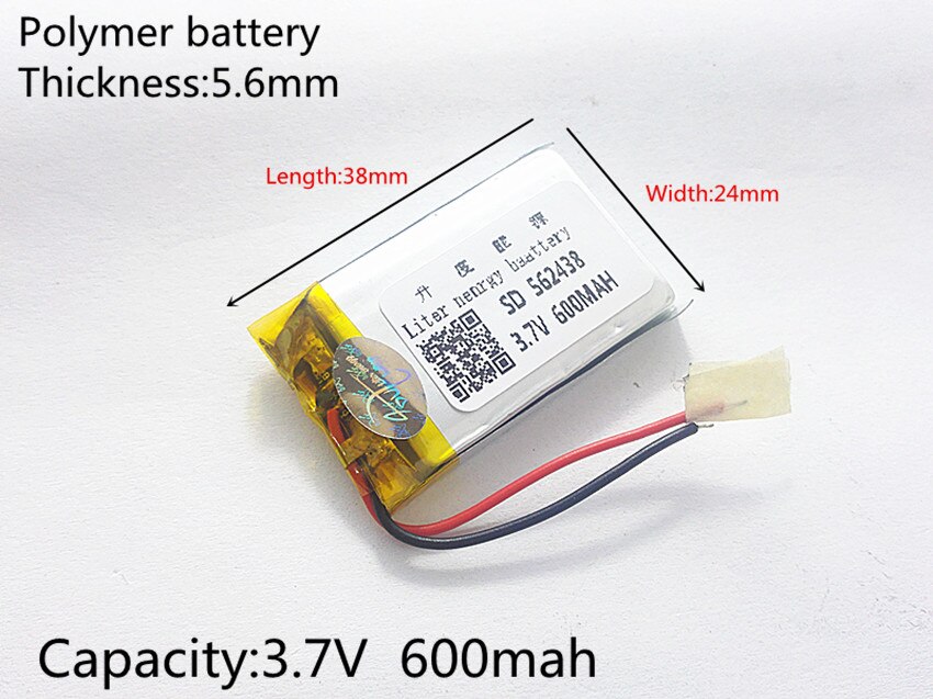 3.7 V, 600 mAH, [562438] lithium Polymeer ion/Li-Ion batterij voor DVR RECORD, MP3, MP4, SPEELGOED, GPS, SMART HORLOGE, SPORT CAMERA