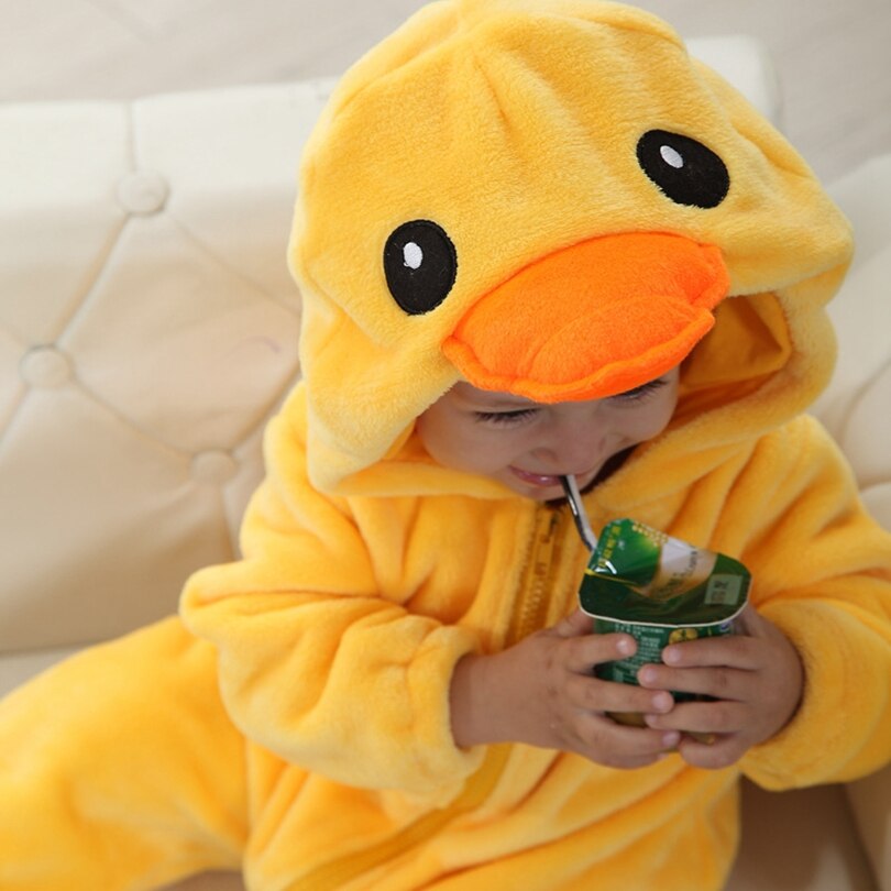 Animal bébé barboteuse jaune canard Bebe vêtements pour bébé garçon fille vêtements mignon flanelle dessin animé à capuche combinaison Costume