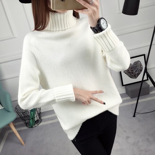 Autumn winter Women Knitted Sweaters Soft Pullovers Turtleneck Long Sleeve Solid Color Slim Elastic Short Sweater Women: White