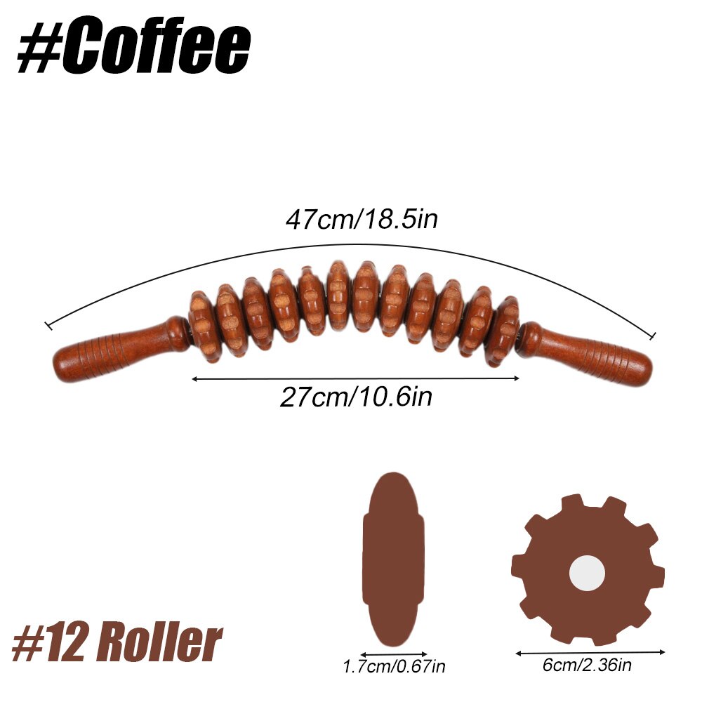Rodillo de terapia de madera, herramienta de masaje, masajeador de Maderoterapia Colombiana de curvo, drenaje linfático, palo de punto gatillo: Coffee-12 Roller