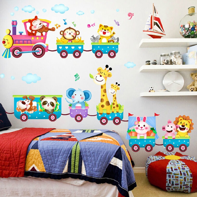 Cartoon Dier Muursticker Aap Giraffe Trein Art Diy Mural Verwisselbare Muurtattoo Voor Kids Baby Kamer Nursery Home decor