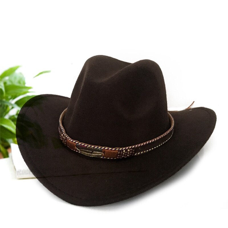 Europeos de ala ancha vaquero sombrero Panamá sombrero de fieltro tipo Jazz sombreros con hebilla de cuero liso de lana sombrero para hombres y mujeres