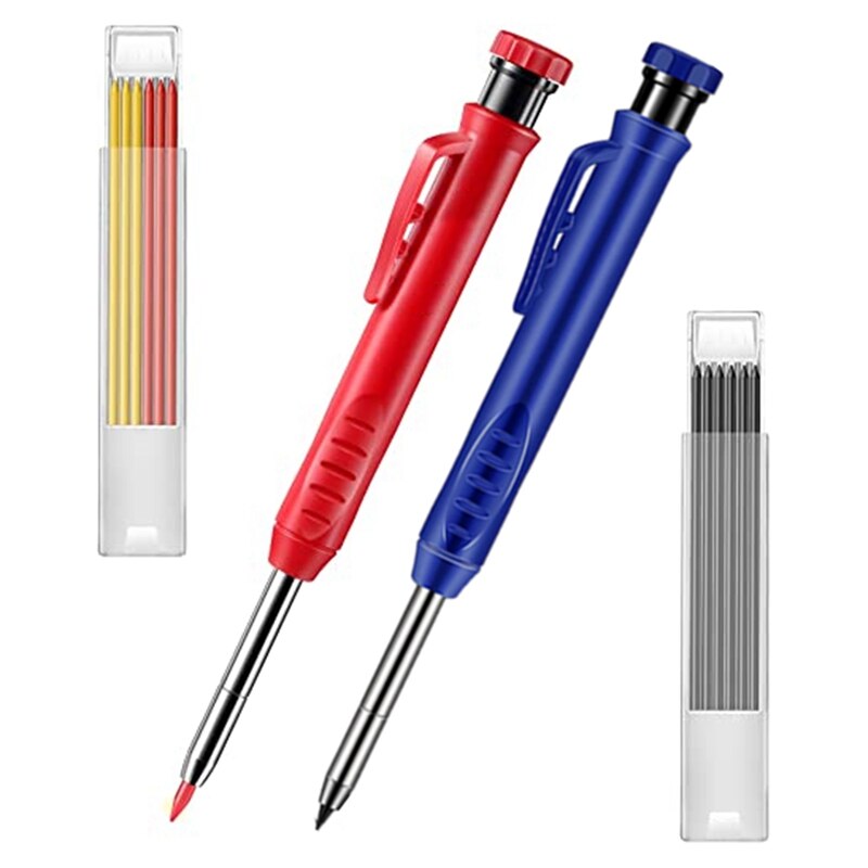 2 Stuks Effen Timmerman Potlood Met 14 Refill, lange Nosed Diep Gat Met Ingebouwde Slijper Voor Houtbewerking Architect: Mixed Color