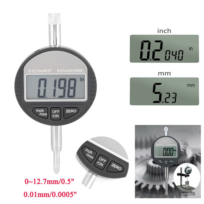 Digital Indicator 0-12.7mm/0.5'' Clock DTI 0.01mm/0.0005'' Electronic Micrometer Metric Inch Dial Indicator Gauge