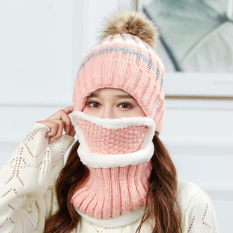 Gebreide wintermasker muts sjaal set dames dikke pompom mutsen ringsjaal warme wollen winteraccessoires voor dames winterset