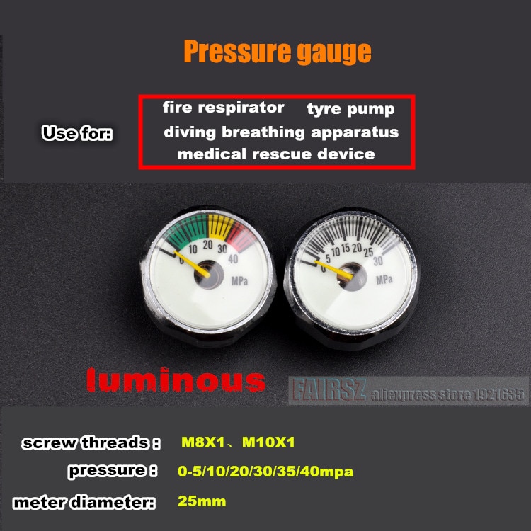 5 stks/partij hoge druk kleine manometer constante druk ventiel lichtgevende manometer 25mm 5/10/20 /30/40mpa barometer