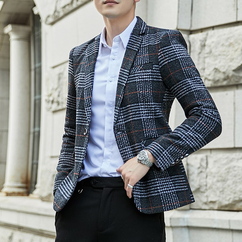 British Style Mens Suits Blazers Plaid Casual Wedding Business Blazer Homme Slim Fit Dress Coat Terno Masculino M-5XL: Dark Grey / L