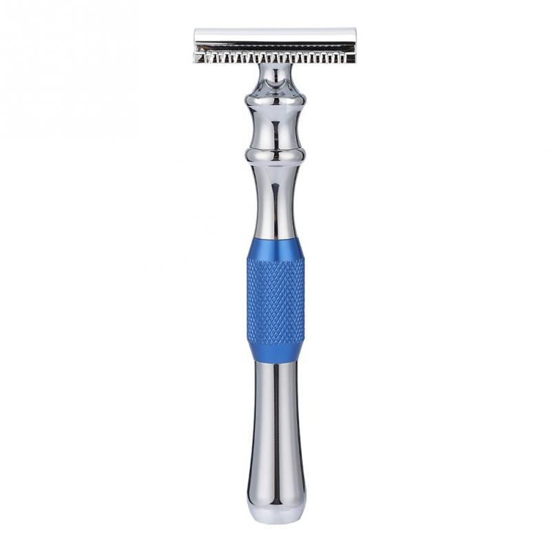 Men Safety Razor Anti-slip Stripe Handle Classic Double-Edged Shaving Razor Blade &amp; Base Manual Razor Shaving Tool Hair Remover: Blue Razor