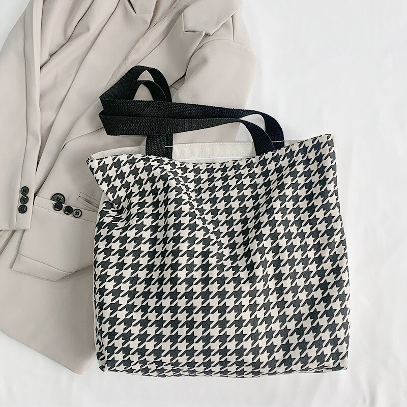 Houndstooth Patroon Vrouwen Canvas Boodschappentassen Retro Alle-Wedstrijd Dames Grote Schoudertas Eenvoudige Vrouwelijke Dagelijkse Toevallige Tote Handtas: Default Title