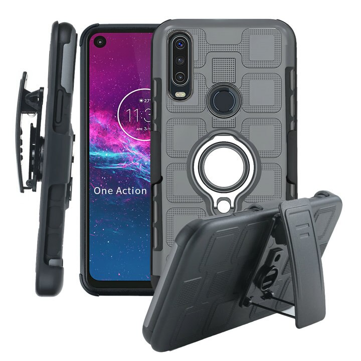 Metalen ring riemclip holster telefoonhoesje voor motorola moto one action hoesje magneet autohouder voor motorola one 1 action hoesje: Grijze zilveren ring
