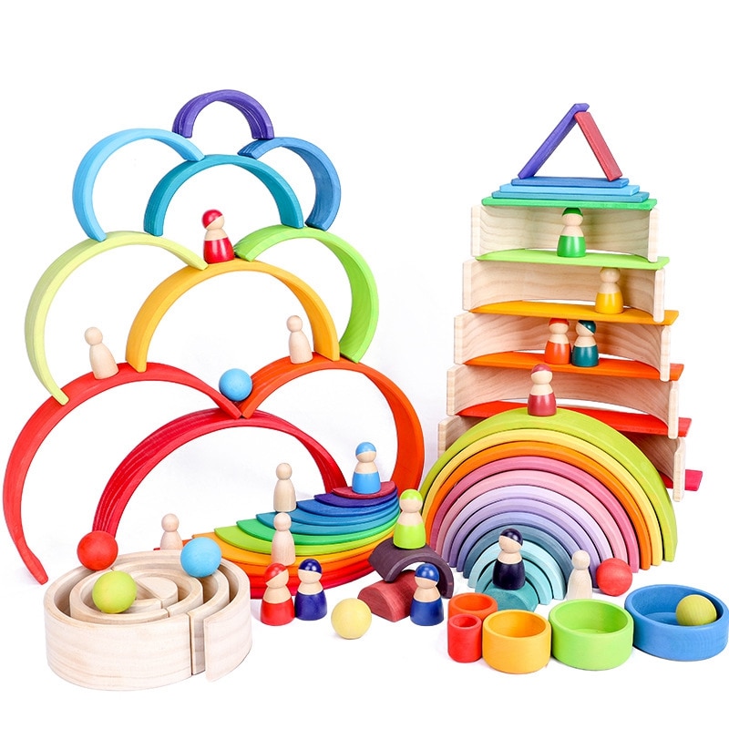 Giocattoli del bambino Arcobaleno Stacker Giocattoli di Legno Per I Bambini Che Imparano Building Blocks Creativo Montessori Educativo Variopinto Giocattolo