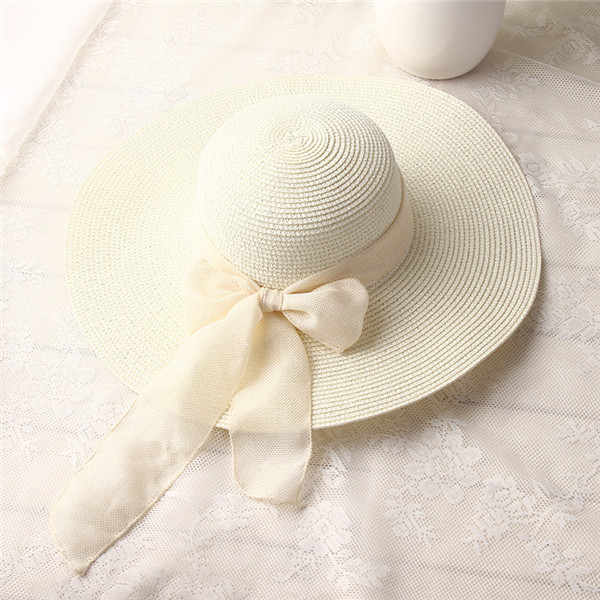 USPOP -chapeaux de soleil pour femmes, chapeau en paille, fait à la main, chapeau de plage à large bord, avec nœud papillon, ombre anti uv, été décontracté: Milk White