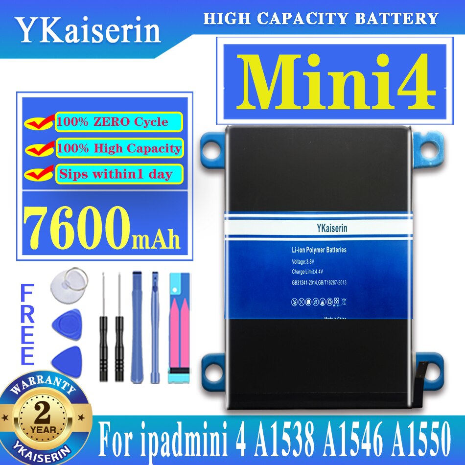 Batterie li-on pour tablette Apple IPad Mini 4 Mini 4 A1538 A1546 A1550, 7600mAh, haute capacité, outils gratuits