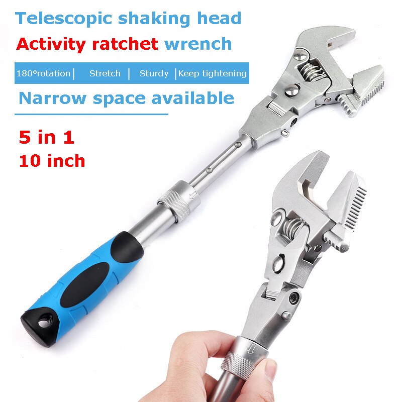 10-inch Ratchet Adjustable Wrench 5-in-1 Torque Wrench Can Rotate and Fold 180 Degrees Pipe Telescopic Wrench Repair Tool